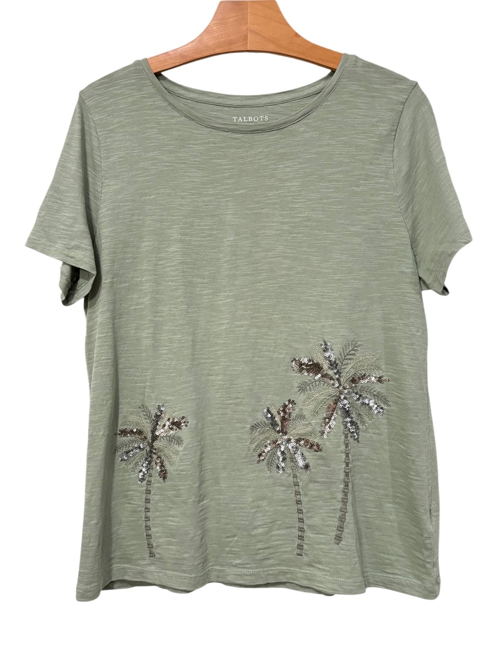 Talbots Slubbed Cotton T-Shirt Sequin Palm Trees Sage Green Large